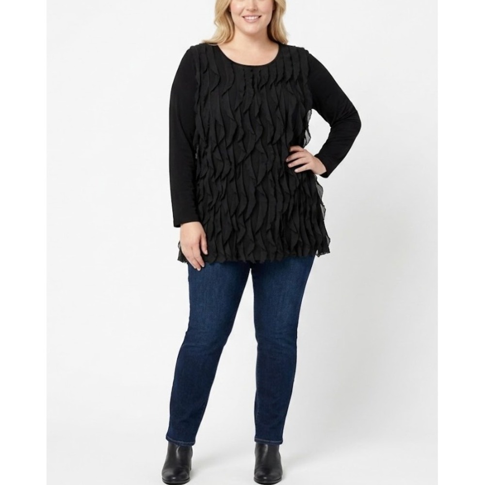 New Antthony Large Black‎ Ruffle Textured Stretch Knit Long Sleeve Top Evening